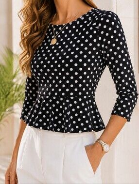 Lauren Ralph Lauren Polka Dot Peplum Top Size L Black White Stretch Blouse